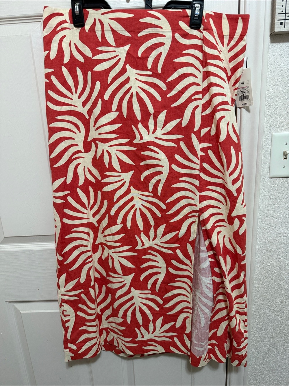 Red Leaf-Print Midi Skirt